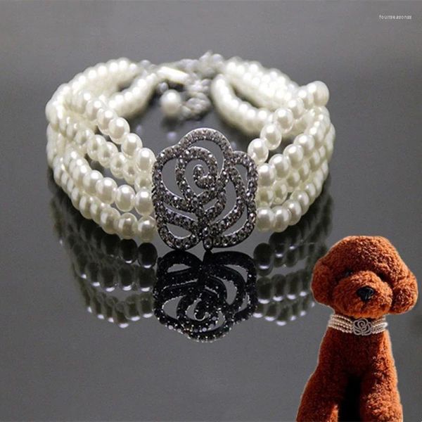 Collares para perros, Collar de cadena de extensión ajustable con diamantes de perlas de cuatro filas a la moda para cachorros y gatos, accesorio para mascotas con diamantes de imitación