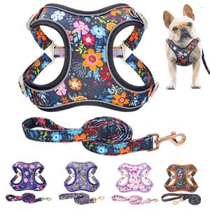 Collares para perros Conjunto de arnés y correa reflectante con estampado floral Chaleco ajustable para pitbull para perros medianos y grandes que caminan y corren