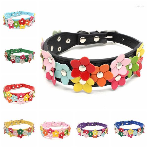 Collares para perros con tachuelas de flores, Collar ajustable de cuero PU para mascotas, hebilla, correa para el cuello de gato, productos, suministros de flores