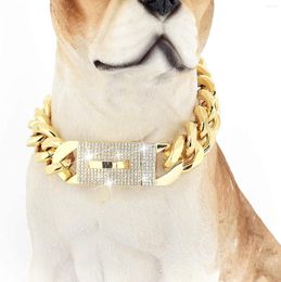 Halsbanden Gold Tone Chain Collar 15mm/19mm Cubaanse Link Chew Proof RVS Voor Samll Medium Grote Honden