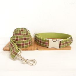 Colliers de chien collier à carreaux vert avec nœud papillon et laisse collier de chat en coton pour animaux de compagnie réglable personnalisé personnel