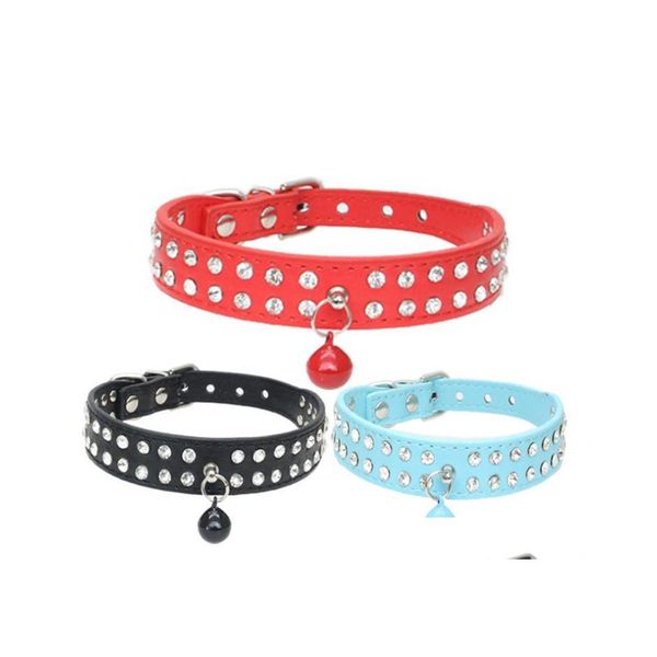 Collares para perros Correas 100 Unids / lote Rápido 2 Filas Bling Rhinestone Cachorro Collar de perro mascota con campanas agradables 4 colores Sn2908 Drop Delivery Hom Dhllr