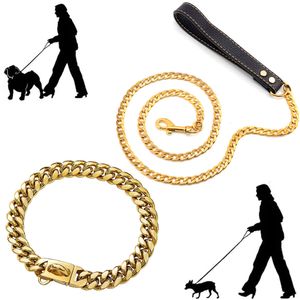 Halsbanden riemen 18K gouden hondenlijn met halsbandpak Cubaanse schakelketting roestvrij staal hondenveiligheidslijn met PU-leren handvat voor hondenlijn 230612
