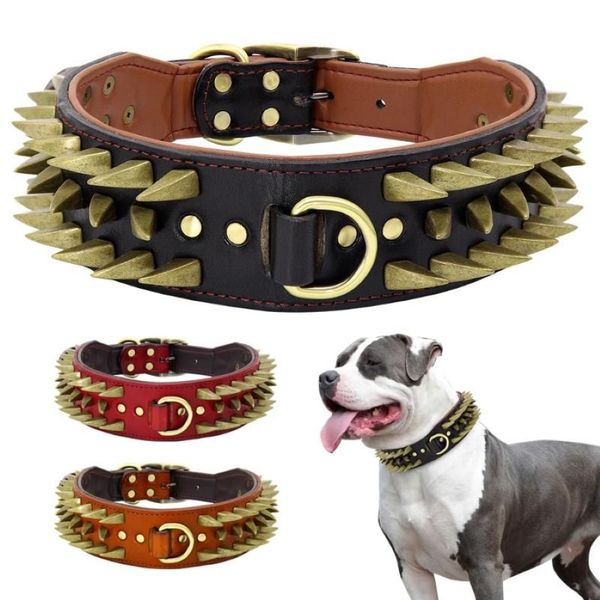 Collares para perros correas de 2 pulgadas de ancho Collar de cuero duradero para perros grandes picos afilados tachonados mascota mediana grande Pitbull alemán S204l