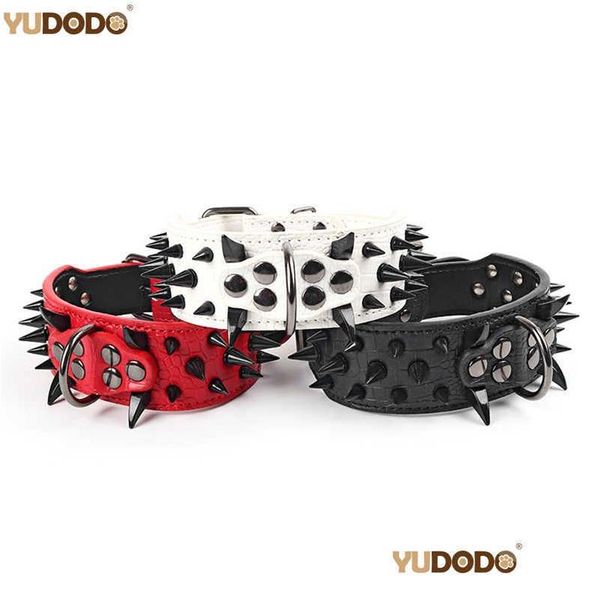 Collares para perros Correas 2 pulgadas de ancho Collar de perro tachonado de cuero suave Remache negro con púas para perros medianos grandes Collar Pitbl Bly Drop del DH3WK