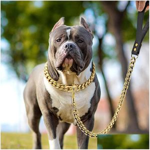 Colliers de chien Laisses Collier de chaîne en acier inoxydable 304 et laisse Super forte starter en métal Sier or corde de plomb pour animaux de compagnie pour spectacle de fête livraison directe