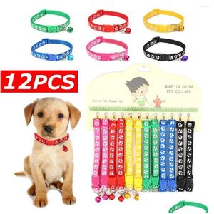 Halsbanden Verstelbare 12 stks/set Halsband voor huisdieren met bel Mooie kleine voetafdruk Bloemenriem Nylon Puppy Teddy Kat Kit Dh4Vm