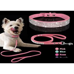 Colliers de chien Laisses réglables en cuir suédé collier de chiot laisse ensemble strass doux petits chiens moyens chats marchant rose XS S M8509 Dh4Ow