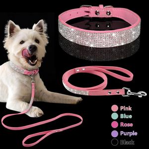 Colliers pour chiens Laisses Collier de chien en cuir suédé réglable Laisse Ensemble Strass doux Petits chiens moyens Colliers de chats Laisses de marche Rose XS S M 231110