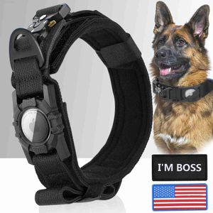 Halsbanden AirTag Halsband met handvat Tactische halsband voor grote middelgrote honden Militaire hond met metalen gesp voor grote honden