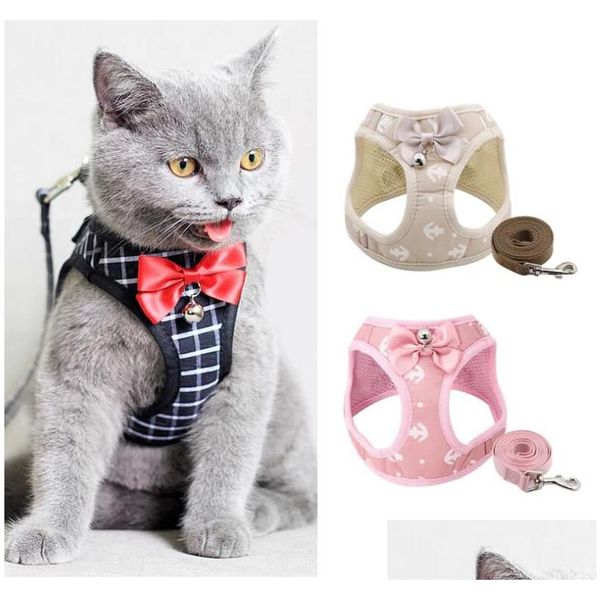 Colliers de chien Laisses Harnais de chat d'ancrage et ensemble de laisses Gilet de sangle de poitrine réglable avec ruban de cloche Bow Lead de marche pour chaton chiot Dhfwh