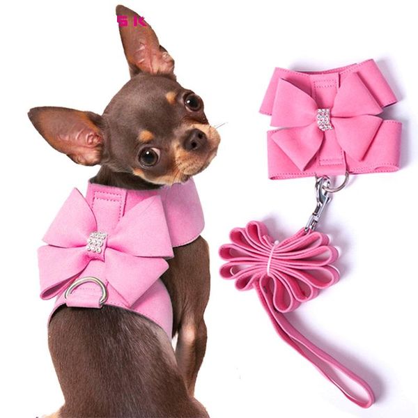 Collares para perros Correas Marca de cuero de gamuza suave Arnés para mascotas pequeñas para cachorros Chihuahua Yorkie Lindo con correa Arco Rhinestones