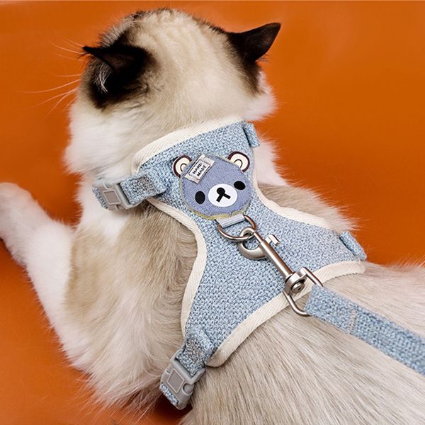 Collares para perros Correas Arnés de oso de dibujos animados Conjunto de correa de plomo Malla suave transpirable Acolchado Correa de pecho ajustable Hareness para cachorro gato pequeño