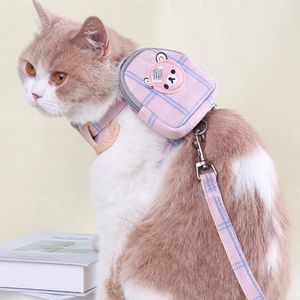 Hondenkragen ontleende cartoon plaid beer kabelboom rugzak met riem set pet cat kraag kleine portemonnee tas drager leads vest -bandendog