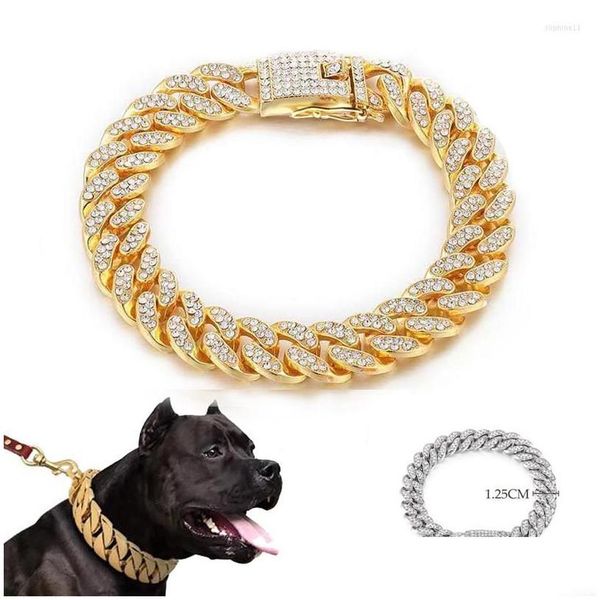 Colliers de chien Laisses Collier de chaîne de chat avec diamant Matériau en métal de luxe 1,25 cm de largeur Perro Rap Hip Hop Fournitures de bijoux pour animaux de compagnie cubains Dr Dh70K