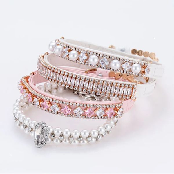 Colliers de chien laisses collier de perles de chat cristal eau diamant réglable en cuir PU adapté aux petits accessoires 231117