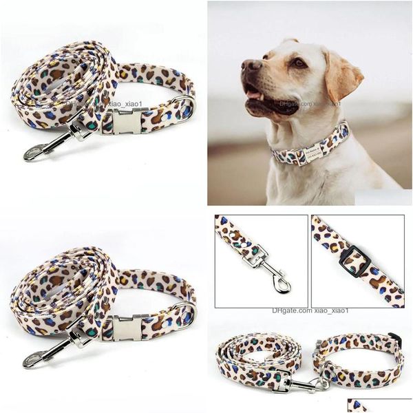 Collares para perros Correas Conjunto de collar para perros Metal Durable Ajustable Suave Cool Leopard Print Lienzo Personalizado Drop Entrega Home Gard Dhwj7