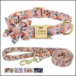 Colliers de chien Laisses Collier de chien gravé personnalisé avec laisse Colliers d'identification imprimés en nylon Ceinture de marche pour animaux de compagnie pour petits, moyens et grands chiens Flow Ot7Kw