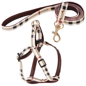 Collares para perros Correas Diseñador Collar para perros y correas Set Classic Plaid Correa de cuero Paso en arneses para mascotas para perros pequeños medianos Cat OTDXP