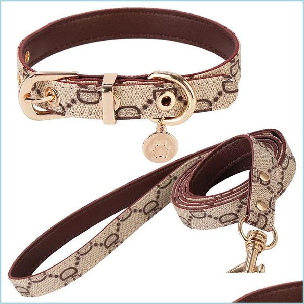 Colliers de chien Laisses Collier de chien de concepteur Laisses Ensemble classique en cuir à carreaux Laisse pour animaux de compagnie No Pl Harnais pour petits chiens moyens Chat Chihuahu