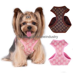 Hondenkragen ontlees ontwerper Harness set klassiek Jacquard letters stepin harnas soft air mesh huisdiervest voor kleine honden kattenthee dhloo