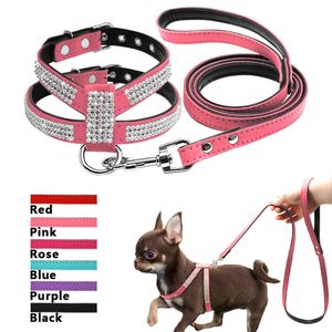 Colliers de chien Laisses Didog Petit harnais et laisse pour chien Ensemble harnais et laisse pour animaux de compagnie en cuir suédé strass et laisses de marche pour petits chiens moyens Chihuahua T221212