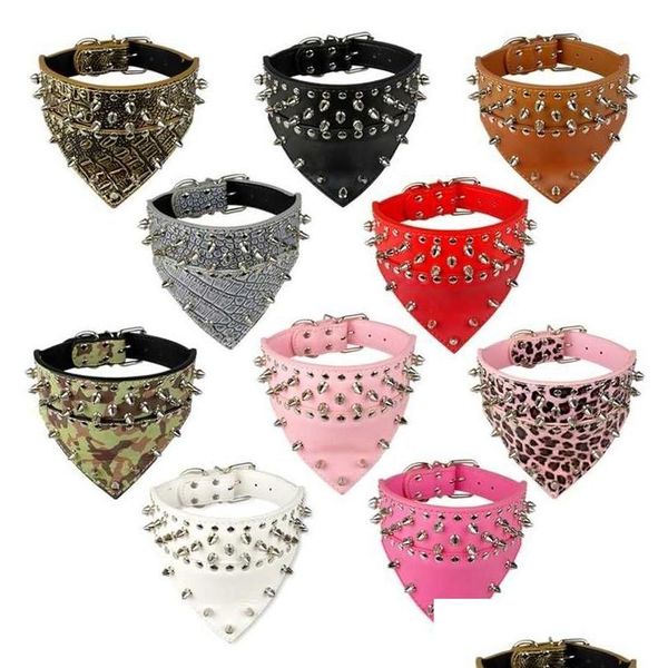 Collares para perros Correas Collares para perros Correas 2 Bandana ancha para mascotas Collar con tachuelas de cuero Bufanda Pañuelo para perros medianos y grandes Dhog3