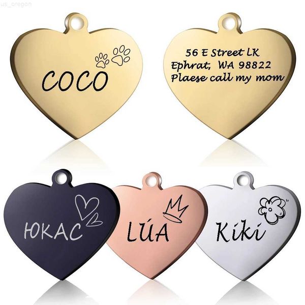 Collares para perros Correas Identificación de perro Etiqueta de corazón Collar de gato personalizado Colgante grabado Collar para mascotas Cadena Encanto Suministros para productos con nombre