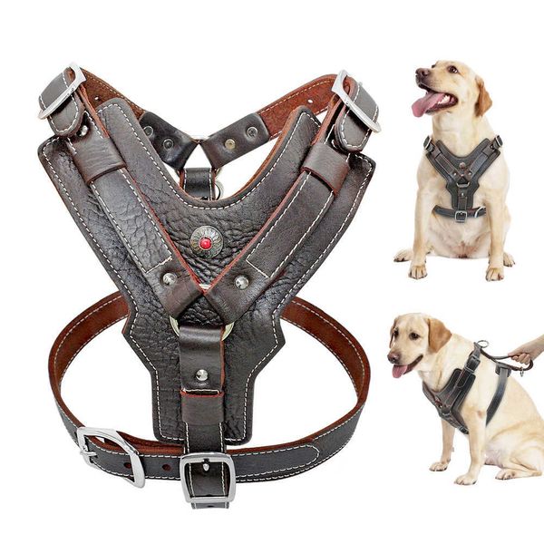 Colliers pour chiens Laisses Harnais pour chiens durables Grands chiens Harnais en cuir véritable Gilet de formation pour animaux de compagnie avec poignée de contrôle rapide pour Labrador Pitbull T221212