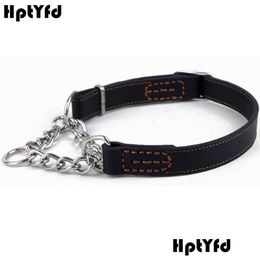 Collares para perros Correas Elegante Collar de entrenamiento de cuero genuino Cadena de acero inoxidable Estrangulador para perros grandes Suministros para mascotas Accesorios Dhnwk