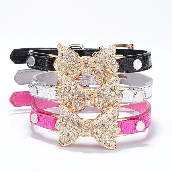 Collares para perros Correas Moda Gato Cuero Encantador PU Mascota Cachorro Collar Crystal Rhinestone Bowknot Collar