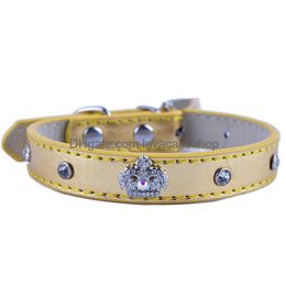 Colliers De Chien Laisses Collier En Cuir De Mode Cristal Clouté Accessoires Diamante Couronne Charme Pour Courroie De Cou Petit Pet Fournitures X070 Dhcco