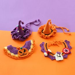 Colliers de chien Laisses Collier d'Halloween Bavoir pour animaux de compagnie Chapeau de chat tricoté à la main Crochet Accessoires de costume de citrouille 230915