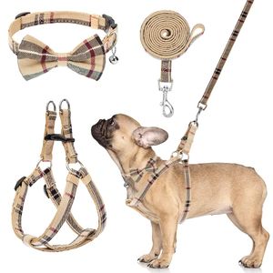 Hondenkragen ontroeren harnas met riem en vlinderdaskraag set Beige Plaid Puppy Escape Proof instelbaar geen PL Vest voor sport2010 AMG9E