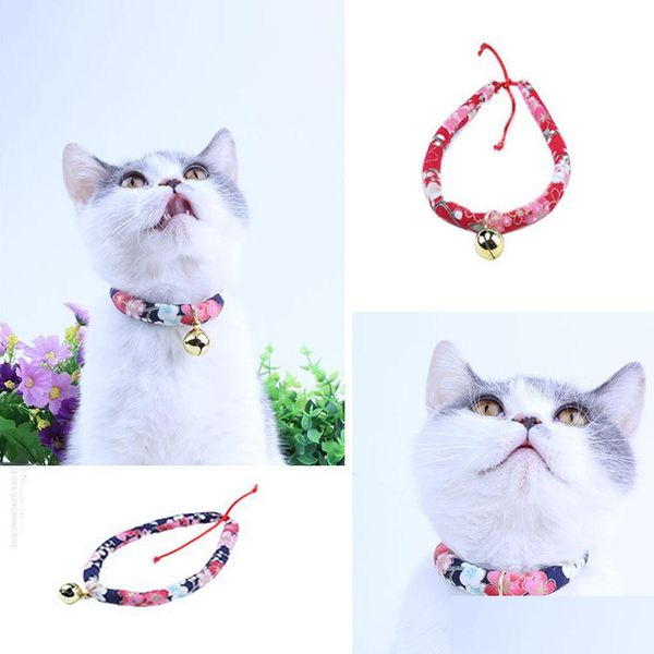 Collares para perros Correas Estilo japonés Gato Campana Antipérdida Collar 4 Tamaño Ajustable Mti Colores Hecho a mano Tela suave Accesorios para mascotas Dh05 Dhjja