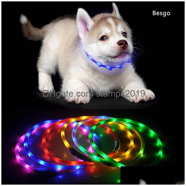 Colliers de chien Laisses LED Collier pour animaux de compagnie rechargeable USB réglable clignotant chat chiot sécurité la nuit convient à tous les chiens de Sile Dbc Bh2855 Dr Dh1Db