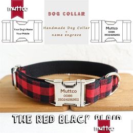 Colliers de chien Laisses Muttco Collier d'étiquette d'identification personnalisé pour caniche Chihuahua Le nom d'animal de compagnie personnalisé à carreaux noirs rouges et numéro de téléphone 5 Dh1Tt