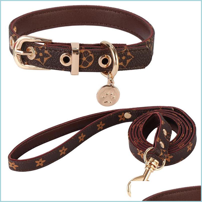 Dog Collars Leashes No Pl Harness Designer Dogs Collar Set Classic Plaid Leather Pet Leash For Small Medium Cat Chihuahua Bldog Po