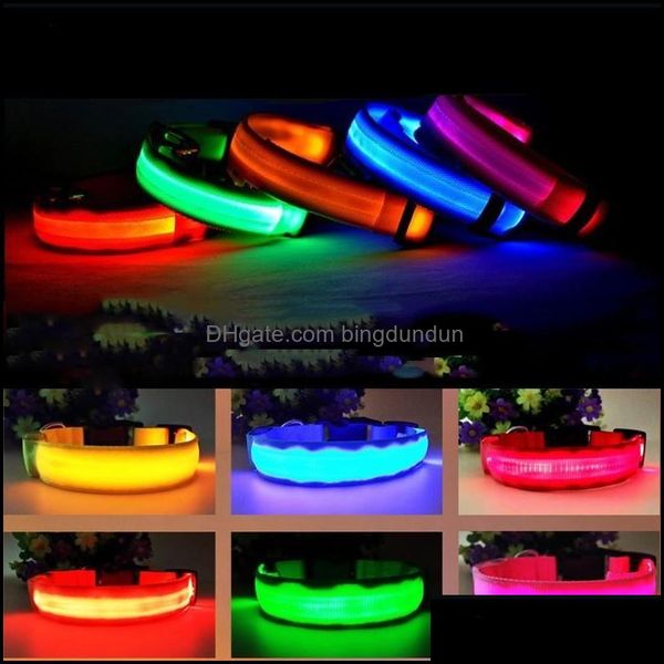 Colliers de chien Laisses Nylon LED Collier pour animaux de compagnie Sécurité de nuit Clignotant Lueur dans le noir Laisse Chiens Lumineux Fluorescent Animaux Fournitures Drop Ot3Pc