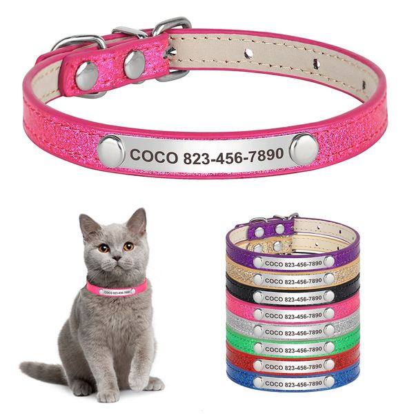 Colliers de chien laisses collier de chat personnalisé personnalisé en cuir gravé chiot chaton ID collier Bling Pet pour petits chiens chats 230619
