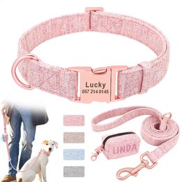 Colliers pour chiens Laisses Collier de chien personnalisé avec laisse distributeur de sac de déchets de chien personnalisé collier pour animaux de compagnie gravé plomb de marche sac de merde pour animaux de compagnie en plein air Portable 231110