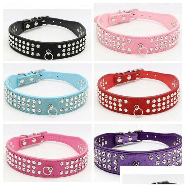 Collares de perros Correo Longitud personalizada Piel de gamuza Rhinestones joyas Ped tres filas Diamantes de cristal brillantes Collar de cachorros con tachuelas Dr otzi6