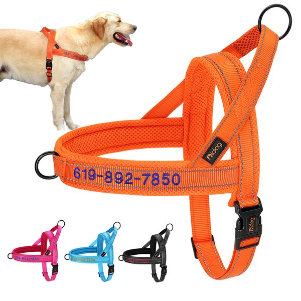 Colliers pour chiens Laisses Harnais pour chien en nylon personnalisé Réfléchissant sans traction Harnais pour chiens Gilet Nom brodé pour petits, moyens et grands chiens Bouledogue français 230829