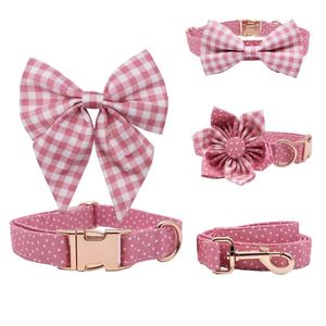 Hondenkragen riemen roze polka stip girly kraag boogbloem voor huisdierkat met roségouden metalen buckledog