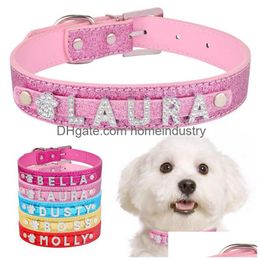 Colliers de chien Laisses Colliers de chien personnalisés en cuir PU avec strass Nom personnalisé Lettres Diamante Bijoux Gems DIY Pet Tag Clogo Dhwpl