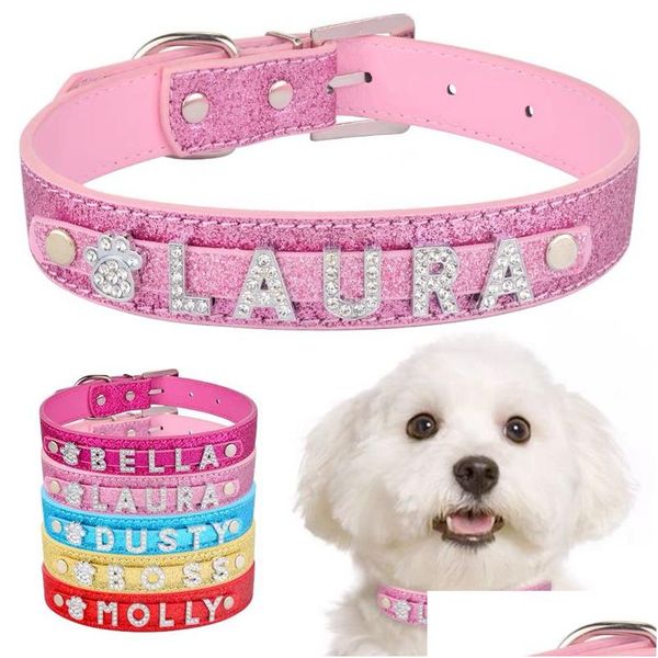 Collares para perros Correas PU Cuero Collares para perros personalizados con diamantes de imitación Nombre personalizado Letras Diamante Joyería Gemas DIY Etiqueta para mascotas Clogo DHC2O