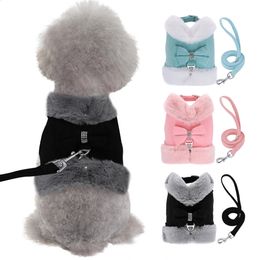 Colliers de chien Laisses Harnais et laisse de chien de chiot Fourrure chaude Rembourré Chiens Chat Gilet Harnais avec corde de plomb assortie Bowtie Accessoires pour automne hiver 231110