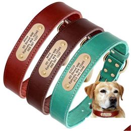 Collares para perros Correas Collar de cuero real Identificación de mascota personalizada Etiqueta grabada personalizada para perros pequeños y grandes Pitbl Pastor alemán 2022011 Dhd7R