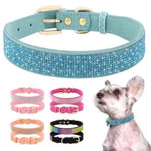 Collares para perros Correas Collar de diamantes de imitación Cuero de gamuza suave Gato Diamante de cristal Cachorro de mascota brillante para Chihuahua YorkshireDog