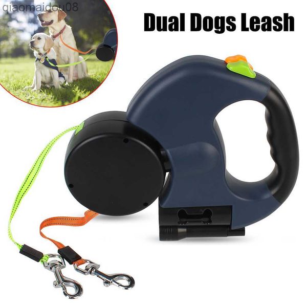 Colliers de chien Laisses Roulette Corde de traction à double extrémité avec lampe de poche Sac à déchets Boîte Fournitures pour animaux de compagnie Double laisse de chien Auto rétractable 3m HKD230822